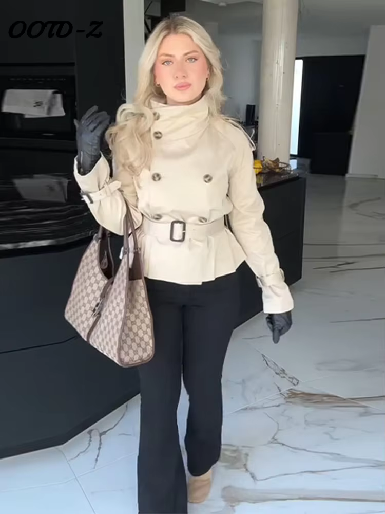 Mode manches évasées femmes manteau élégant col montant simple boutonnage