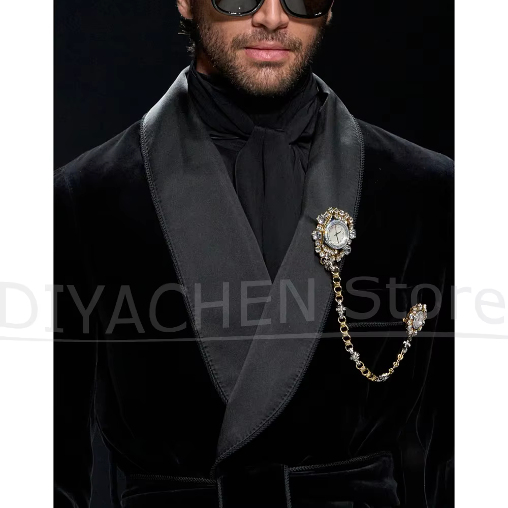 Blazer de costume homme en velours noir, 1 pièce, col châle, ceinturé, de luxe, décontracté, formel, pour soirée, bal, mariage, smoking