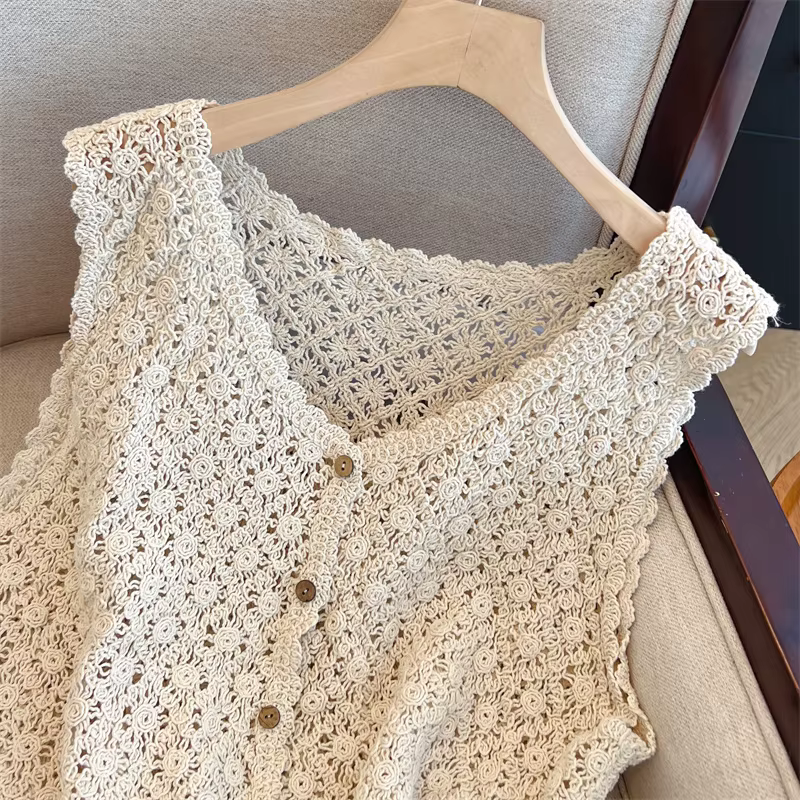 Vintage Boho Style Beige Crochet dentelle gilet femme sans manches tricot débardeur printemps été court couvrir élégant
