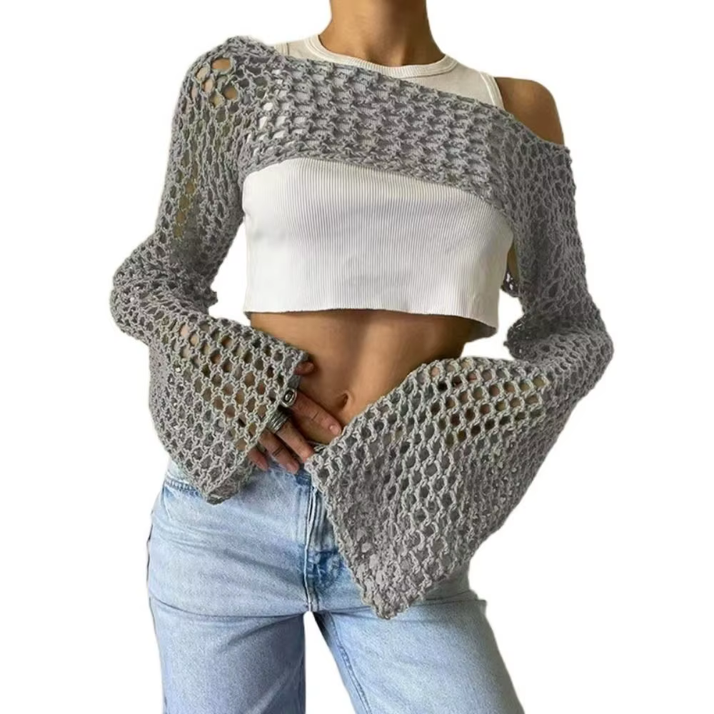 Y2K manches haussement d'épaules pull fibres acryliques douces femmes Crochet haut court
