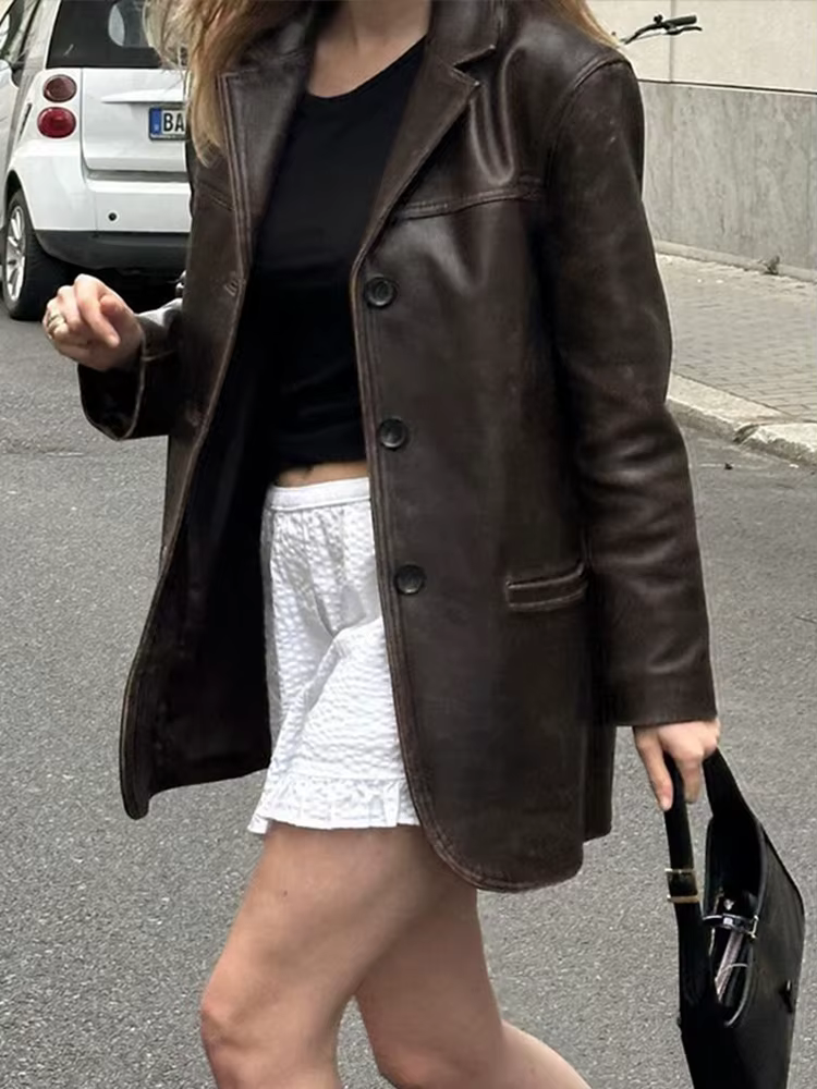 Veste en cuir PU marron vintage pour femme