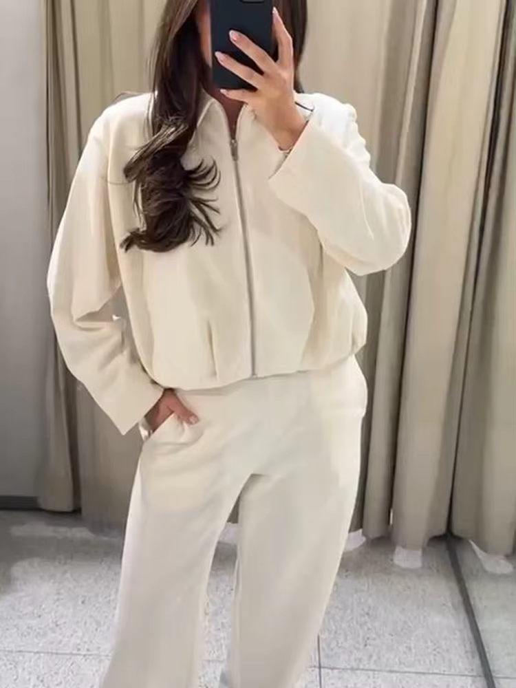 Mode femmes solide fermeture éclair col veste revers cou manches longues recadrée Style manteau 2025 automne femme décontracté Sport porter