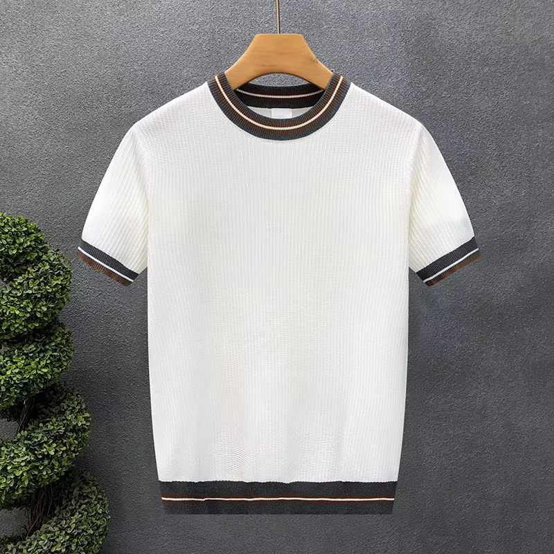 T-shirt léger d'été pour homme, col rond, rayé, manches courtes, pull tricoté, sous-vêtement décontracté, style vintage, poly…
