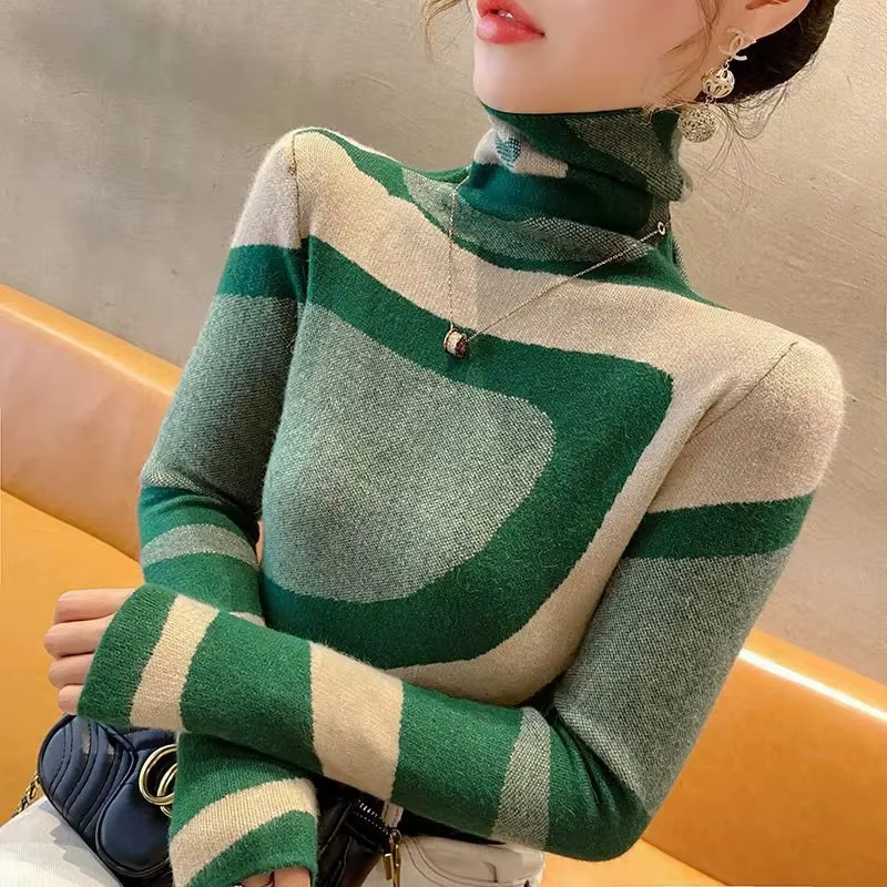 Femmes col roulé couleur bloc tricoté pull nouveau mince mode tout-match Vintage laine pulls décontracté doux tricots