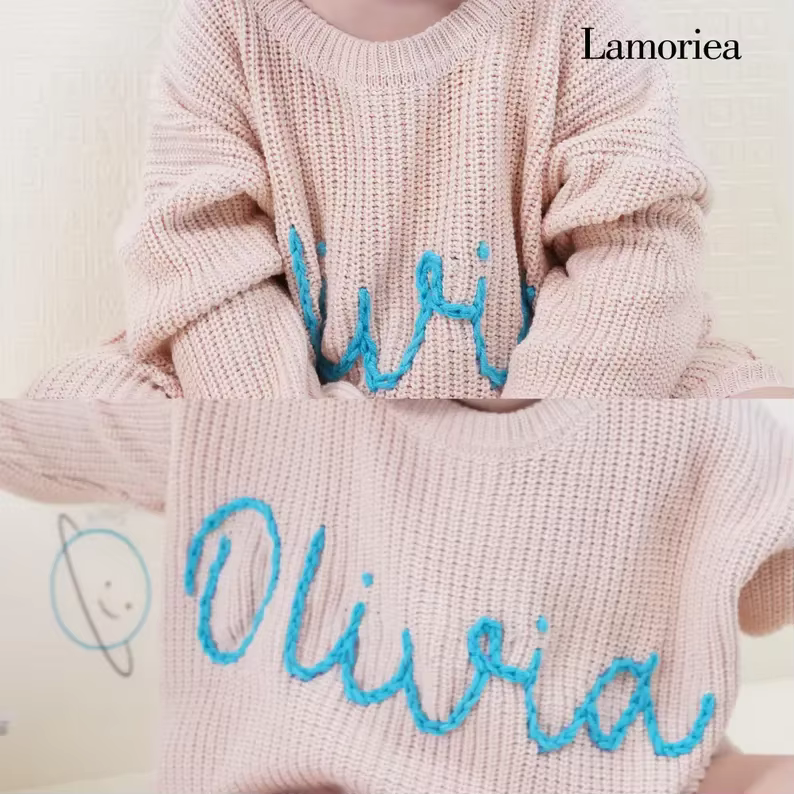 Pulls personnalisés avec nom brodé à la main pour enfants, pull en tricot pour bébé, monogramme personnalisé, cadeau de Noël, cadeau d'anniversaire