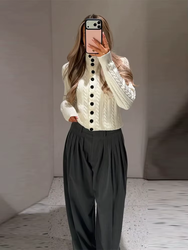 Nouveau cardigan en maille pour femme à col montant