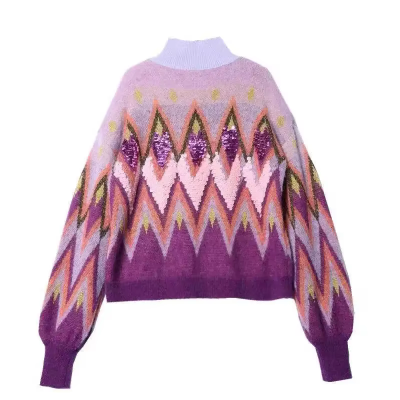 Pull à col roulé brodé à paillettes violettes pour femmes