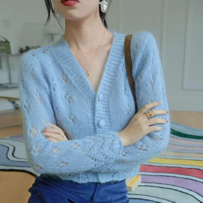 Pull en tricot bleu court à col en V pour femme, cardigan Kawaii, boutonné, mignon, vintage des années 90, hiver automne, pour femmes, tenues d'hiver, mode kawaii