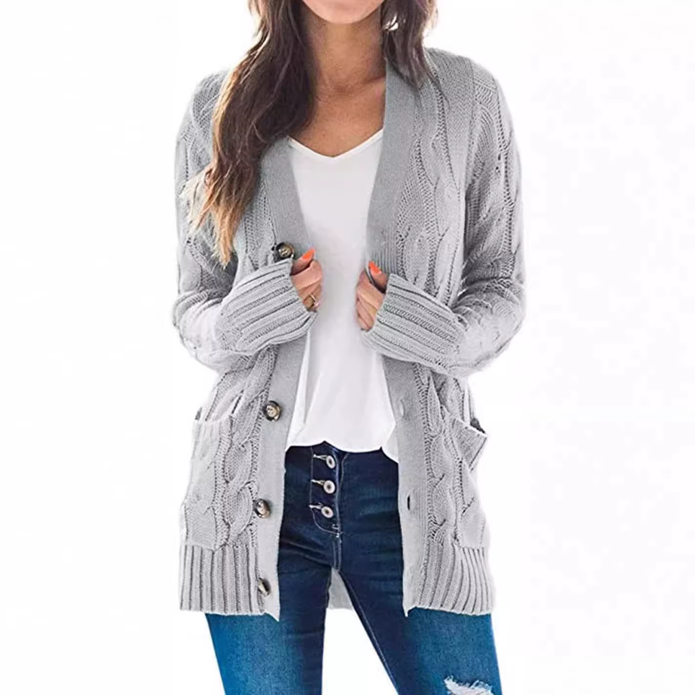 Cardigan en tricot torsadé bleu clair pour femme
