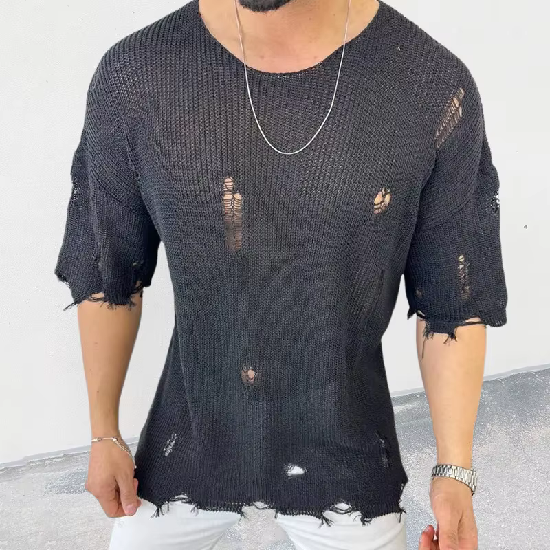 Pull fin à manches courtes et col rond pour hommes, chemise en tricot Amissié, t-shirt décontracté, streetwear masculin, été, 2023