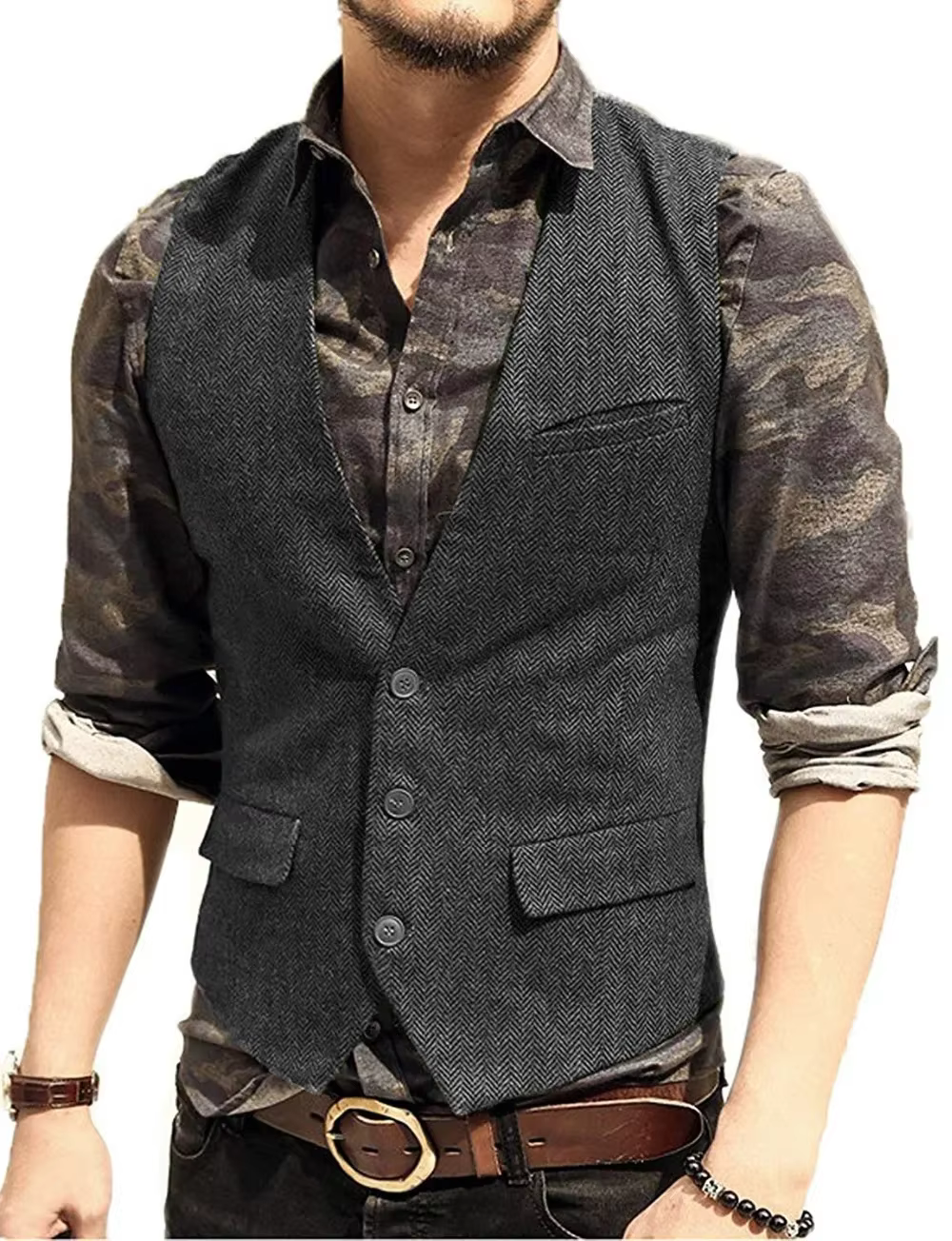 Gilet de Costume Homme 2025 Col en V Coupe Slim Motif Tweed pour Garçons d'Honneur Tenue de Mariage et de Fête Veste Décontractée Tendance