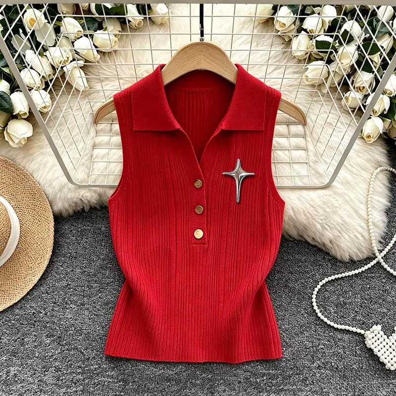 Nouveau Gilet Tricoté Extensible Sans Manches Col Polo pour Femme Printemps-Été 2026 avec Décoration Étoile Métallique Couleur Unie – Crop Top