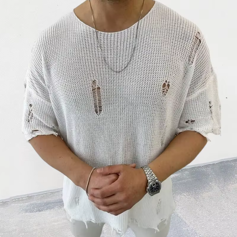 Pull fin à manches courtes et col rond pour hommes, chemise en tricot Amissié, t-shirt décontracté, streetwear masculin, été, 2023