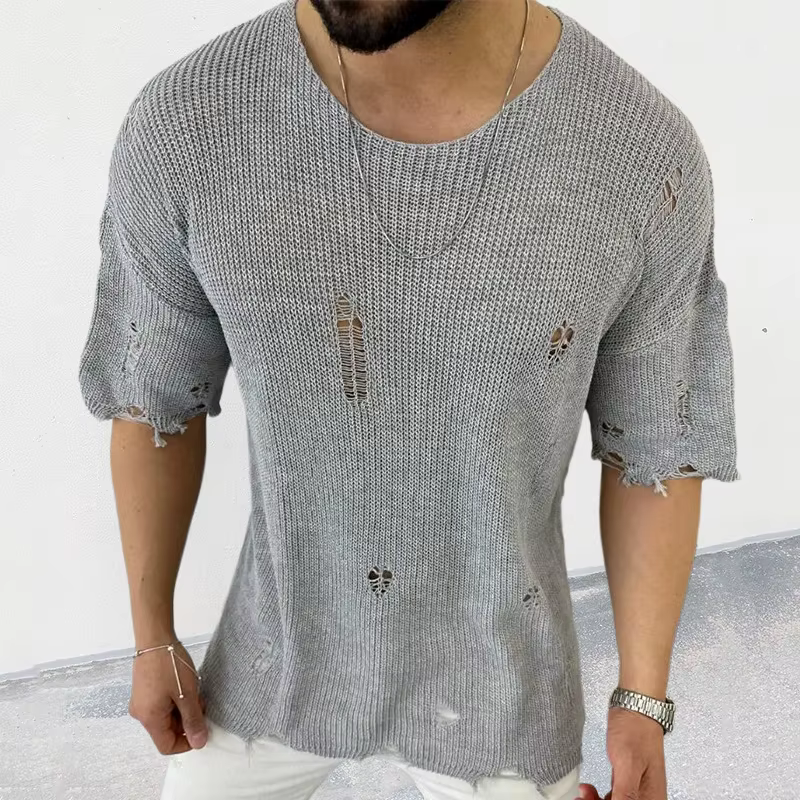 Pull fin à manches courtes et col rond pour hommes, chemise en tricot Amissié, t-shirt décontracté, streetwear masculin, été, 2023
