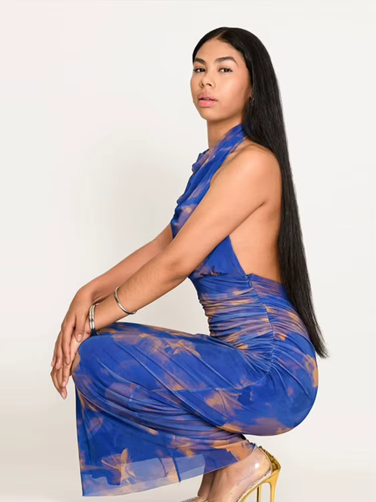Robe longue imprimée licou pour femmes, col suspendu, Sexy, dos nu, coupe cintrée, fente plissée, Robes de vacances, taille cintrée