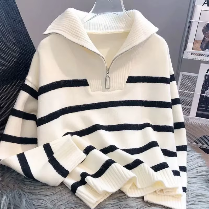 Pull acétate ample et décontracté avec fermeture éclair pour femmes, coupe rayée, automne et hiver
