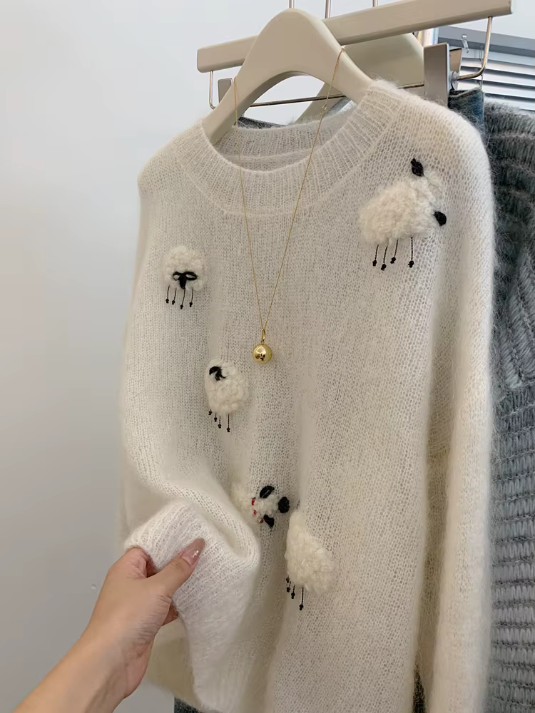 Pull blanc décontracté en mohair et polyester pour femmes, col rond, manches longues, tricot chaud, automne hiver, nouvelle collection 2025