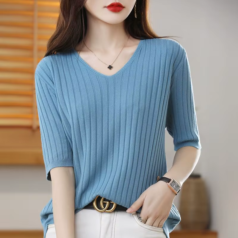 Pull tricoté en cachemire à manches courtes et col en v pour femme