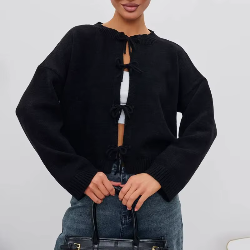 Nouveau automne hiver pull Cardigan femmes O cou à lacets chandails courts