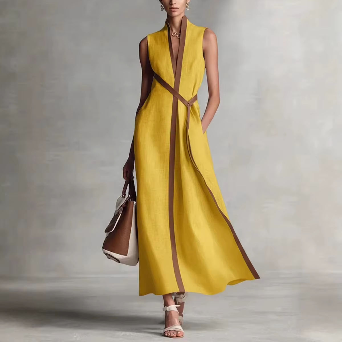 Robe en lin color block pour femme, col montant, sans manches, en coton, tenue longue printemps-été