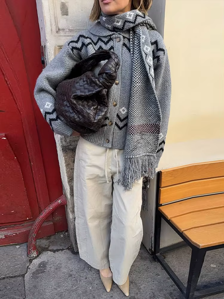 Vintage tricoté imprimé Cardigan manteau femmes Chic décontracté col claudine simple boutonnage pull dame nouveau automne rue tricots