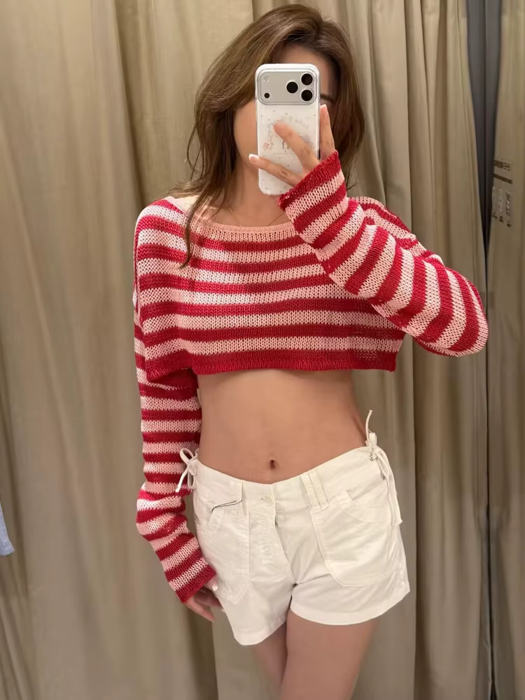 HH Fashion – Nouveau pull court en maille rayée pour femme
