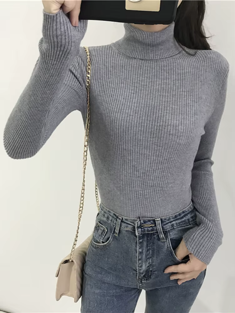 Pull Col Roulé Femme Automne Hiver 2026 – Haut Coréen Slim Tricoté