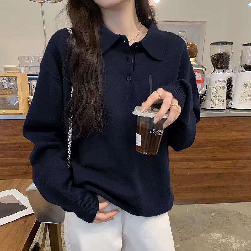 Automne et hiver nouveau élégant couleur unie col Polo tricoté pull collège Style ample décontracté