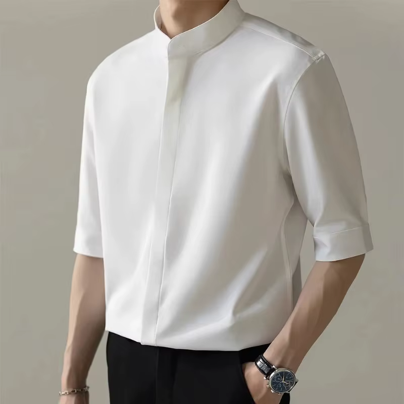 Chemise blanche pour homme à col mandarin, manches courtes, coupe décontractée, style business