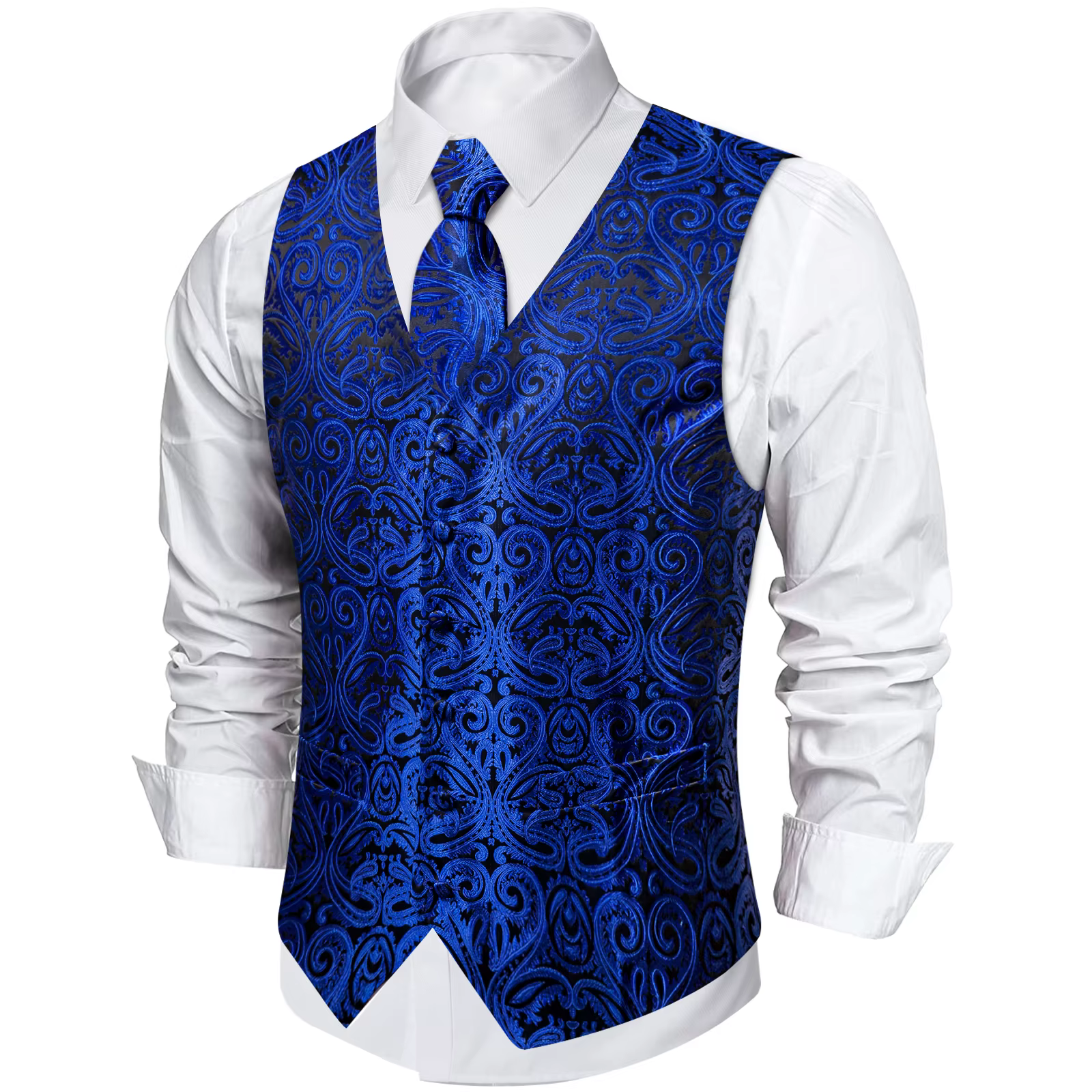 Gilet de costume de luxe pour hommes, bleu Royal, Paisley, avec cravate au cou, mouchoir, boutons de manchette, manches de smoking pour bal de mariage