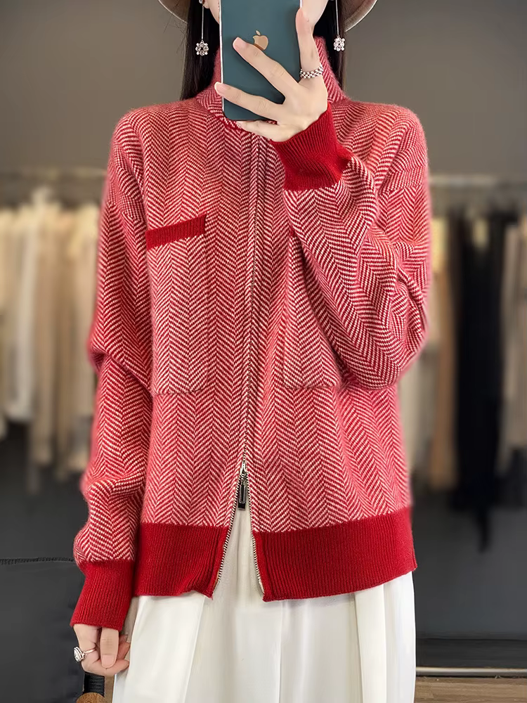 100% laine mérinos femmes pull décontracté col roulé fantaisie cour Cardigan femme tricots à manches longues cachemire pardessus vêtements hauts