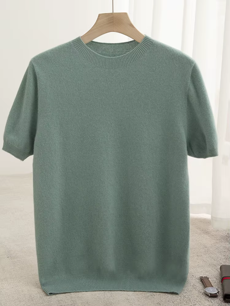 T-shirt classique pour homme, pull 100% laine mérinos, col rond, manches courtes, vêtements décontractés élégants, vêtements basiques, tricot en cachemire