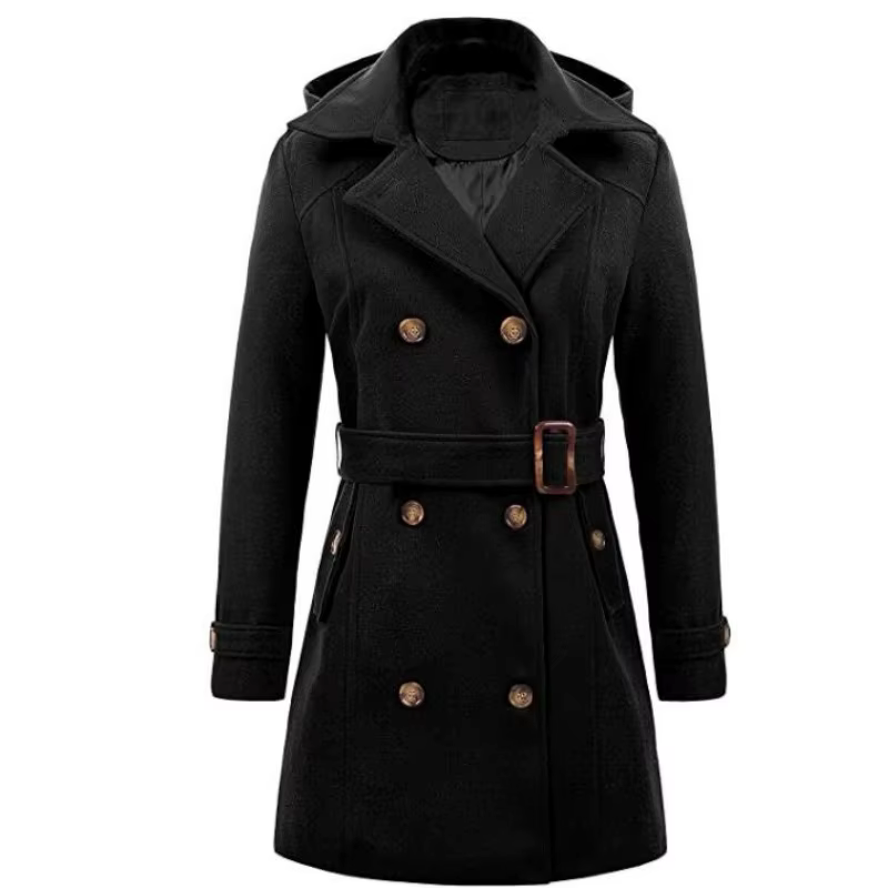 Vestes à capuche mi-longues pour femmes, pardessus croisés pour dames, col coloré à revers en laine, haut d'hiver, streetwear féminin