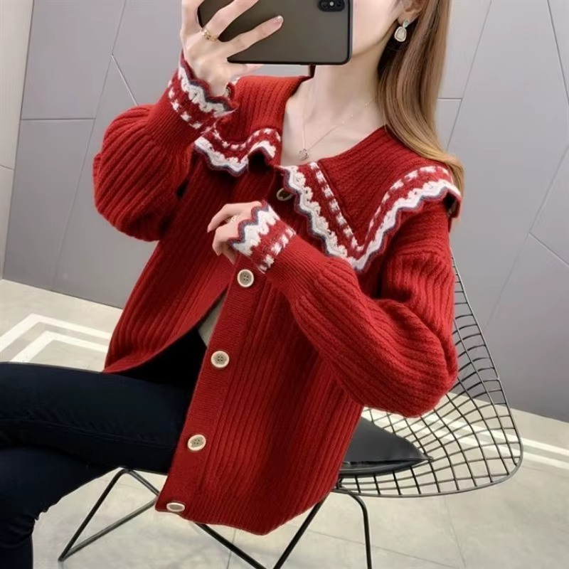 Cardigan Femme Élégant Style Coréen Mode Automne Hiver Coupe Ample Décontracté Rouge Occasions Spéciales