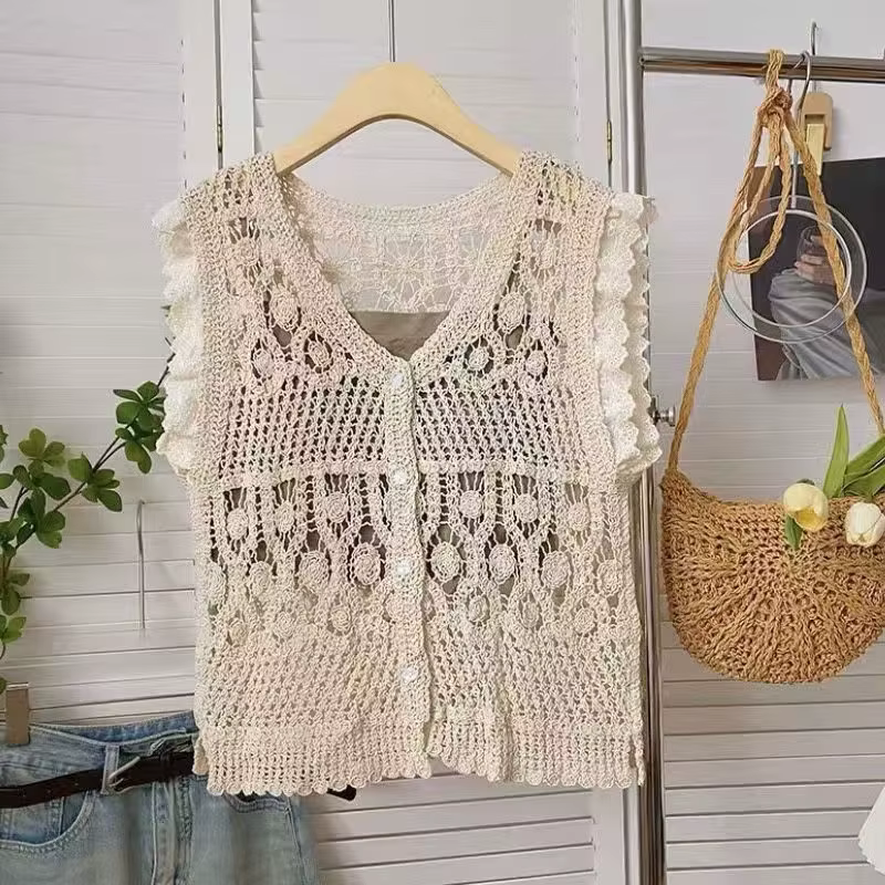 Gilet en Crochet à fleurs pour femmes