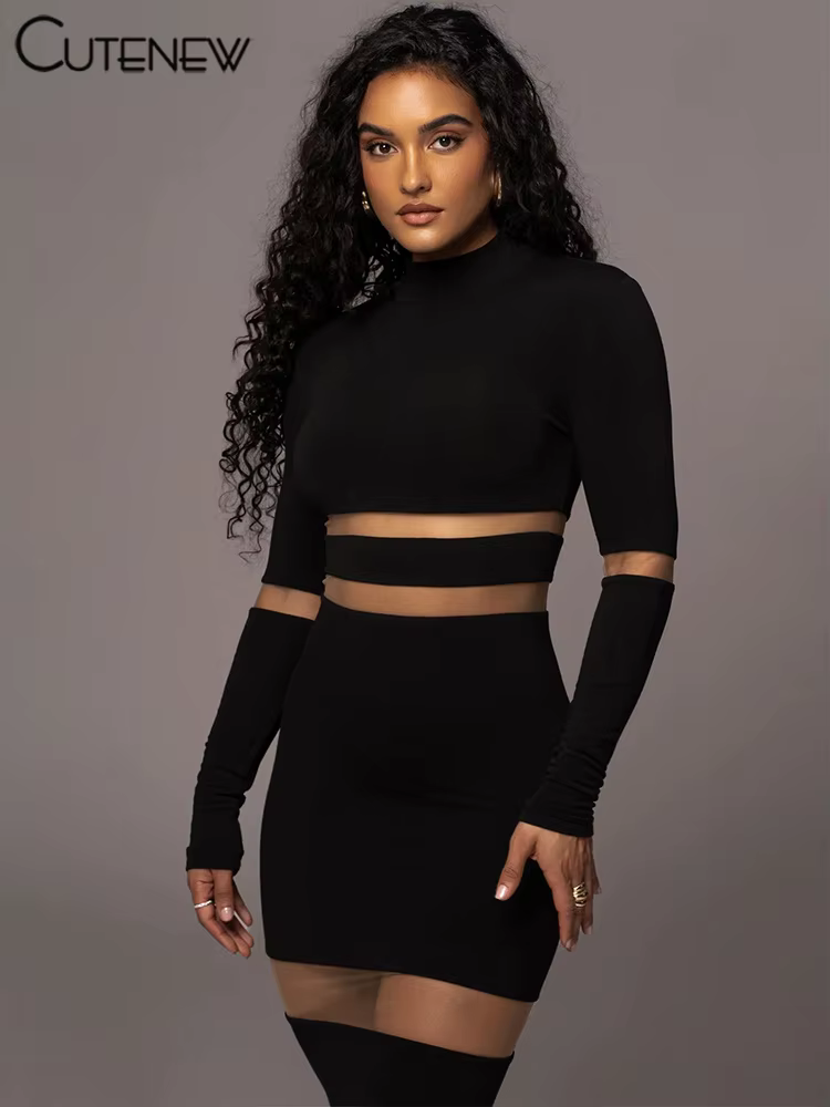 NIBBER femmes élégant col roulé rayure tricoté Robe Maxi manches longues corps-shaping