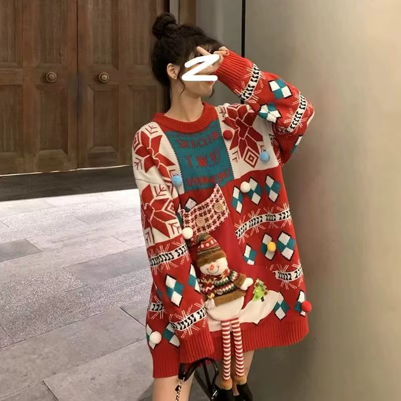 Pull de Noël pour femmes ample et épais rouge pour automne hiver 2025 confortable et élégant occassions spéciales