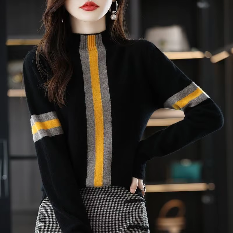 Pull rayé noir et bleu ciel pour femmes, style années 90, col montant, coton acétate polyester, pour automne et hiver