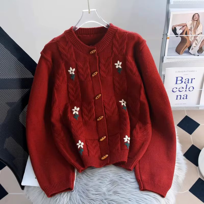 Veste pull torsadée brodée rétro pour femmes
