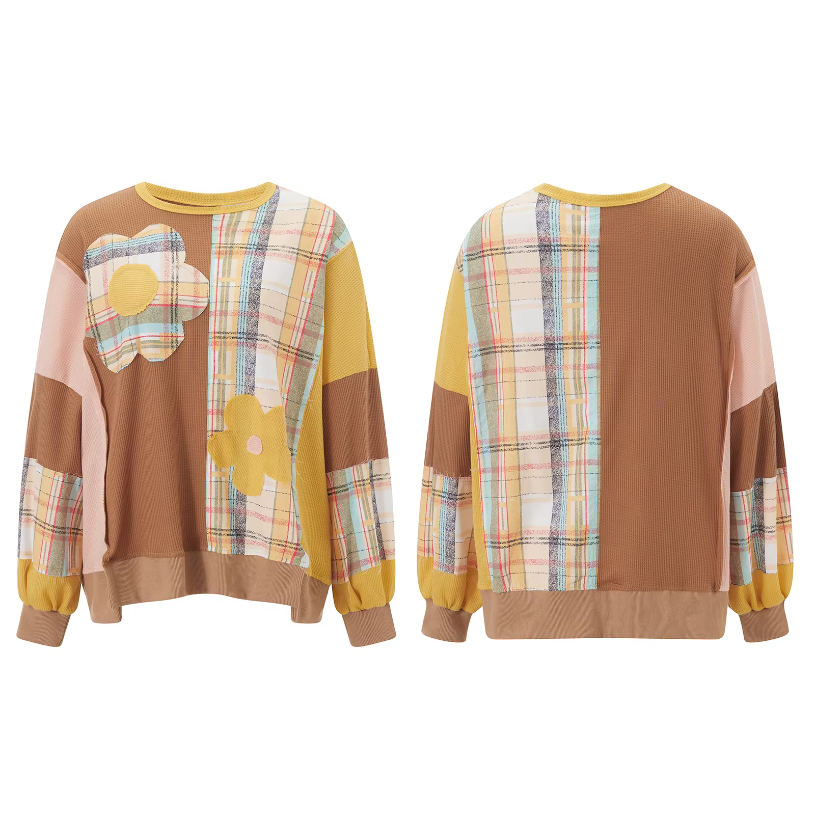 Pull à col rond avec patch floral et imprimé à carreaux pour femmes, style décontracté et élégant pour l'automne et l'hiver