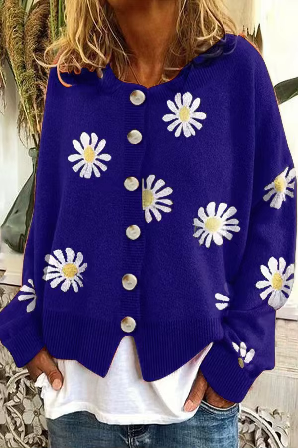 Femmes Cardigan pull tricoté col rond femme automne chrysanthème tricot chandails mode