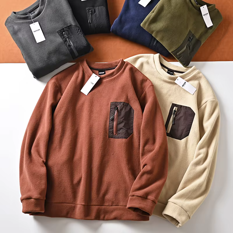 Pull chaud décontracté à col rond pour hommes, pull tendance, poche zippée sur la poitrine, sourire, polyvalent