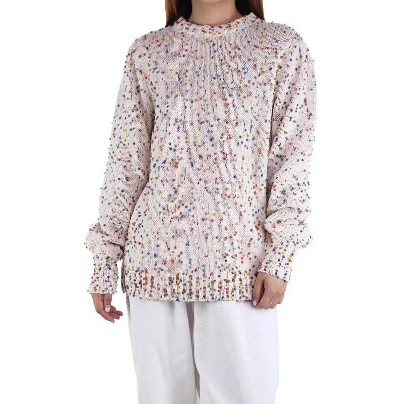 Pull tricoté pour femme, crochet à pois colorés, col rond, automne et hiver