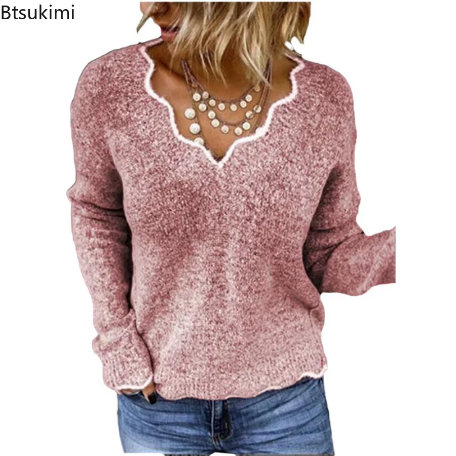 Pull décontracté à col en V pour femmes, couleur unie, polyester, automne hiver, manches longues, occasions casual et soirées