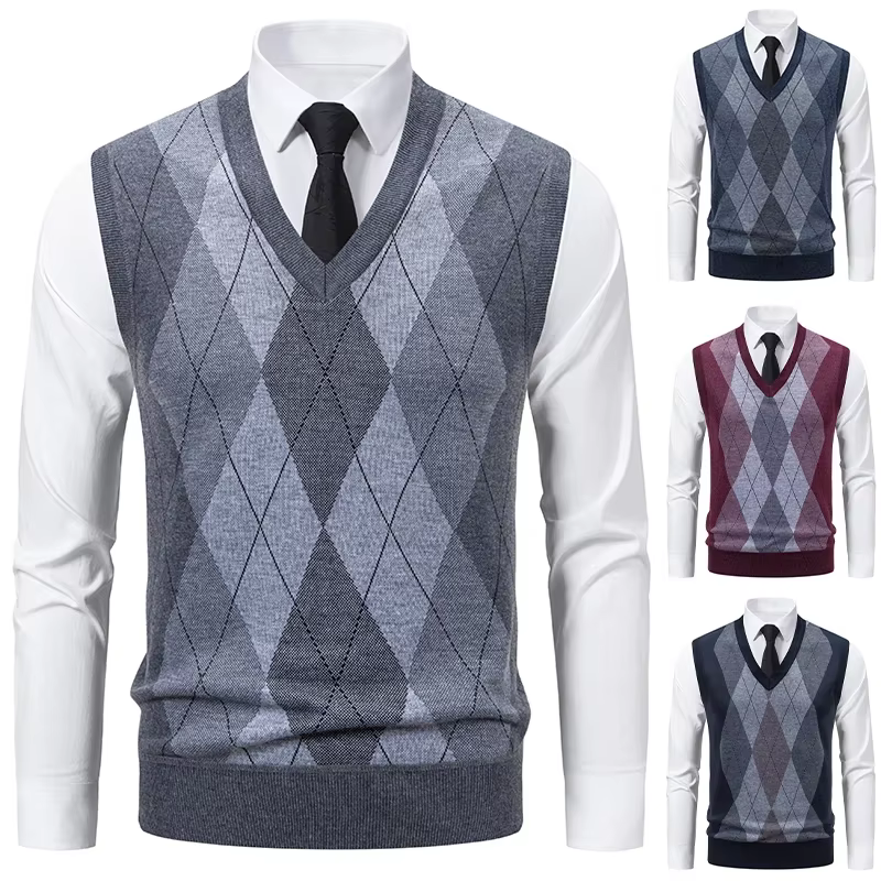 Pull tricoté à col en v pour hommes, chaud, décontracté, mode, grille de diamant, Design de fleurs torsadées, haut polyvalent, nouvelle collection automne hiver