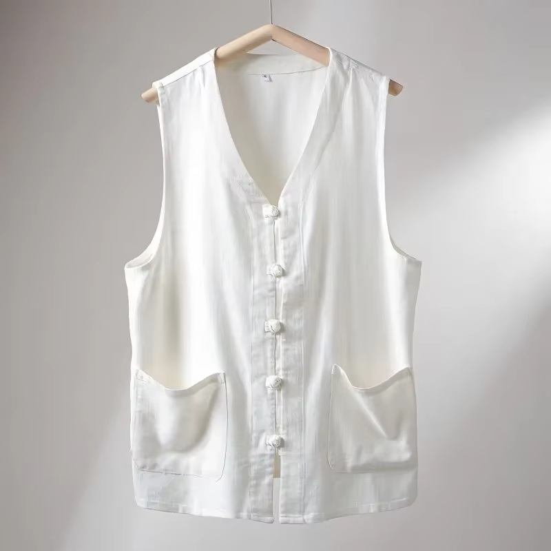 Gilet en lin pour homme, style chinois, boutons grenouillère, col en V, sans manches, coupe ample, décontracté, pour l'été