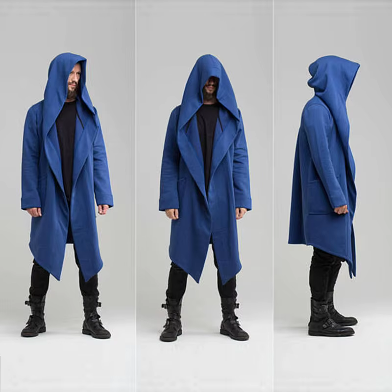 Cardigan long à capuche pour homme avec manches longues et ouverture frontale, cape longue légère, veste coupe-vent et imperméable pour homme