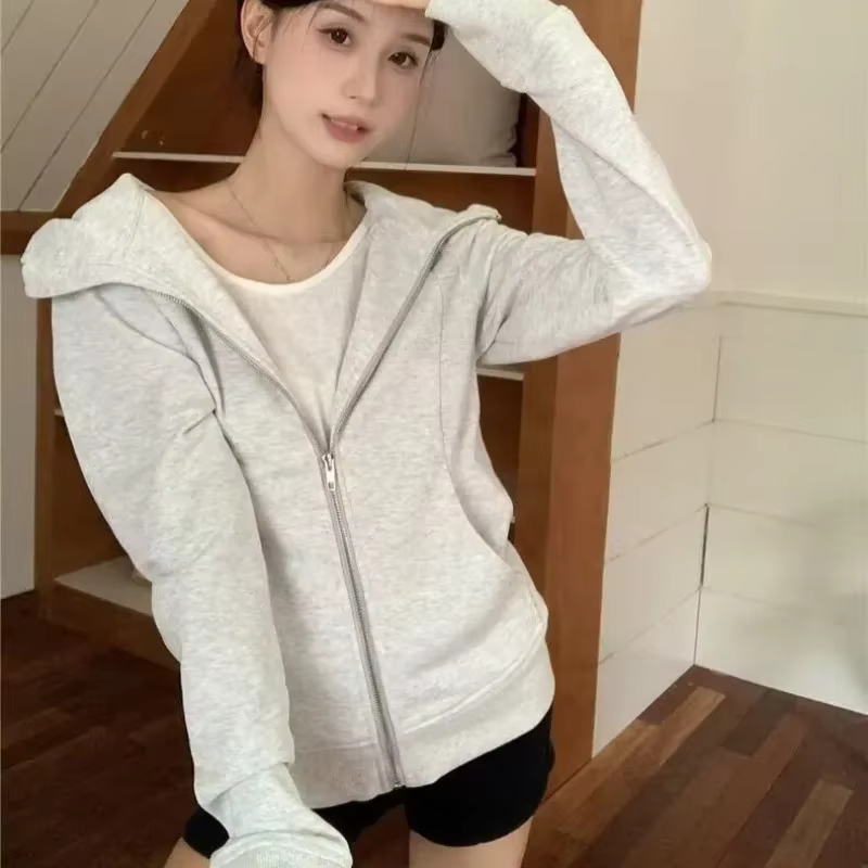 Vestes à capuche monochromes pour femmes, manches longues, fermeture éclair mince, tout match, jeunes filles, vêtements de mode, style coréen, ins, printemps, automne