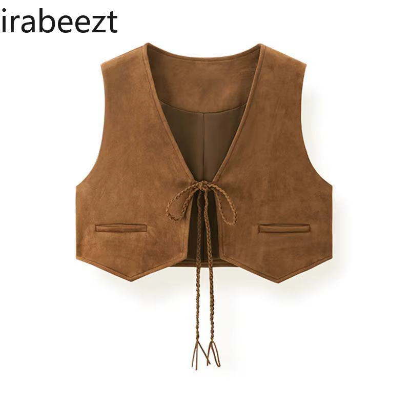 Cardigan en daim plié couleur café Vintage à lacets col en v gilet femmes automne hiver Style court Casaco Feminino