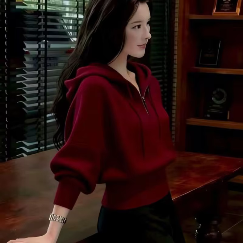 Pull à capuche court gris pour femme